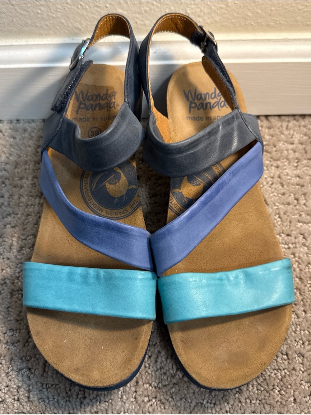 Wanda Panda Blue Ombré Leather Multi-Strap Sandals Comfort Footbed Sz. 39/US 8.5
